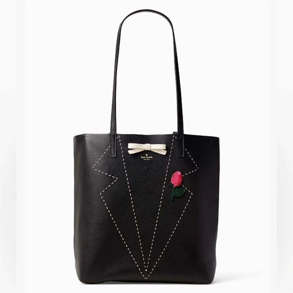 Kate Spade On Purpose Embroidered Leather Tote with tuxedo and boutonnière EUC